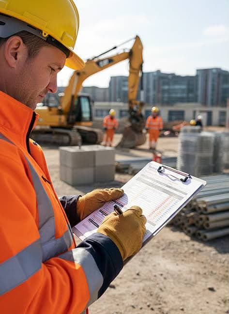 Assessor in hi-vis gear reviewing a checklist on a work site